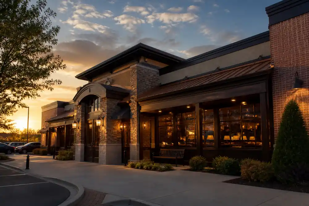 Steakhouse exterior in late afternoon