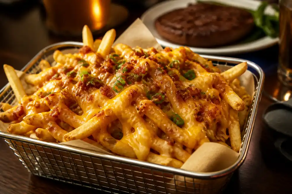 High calorie cheese fries appetizer